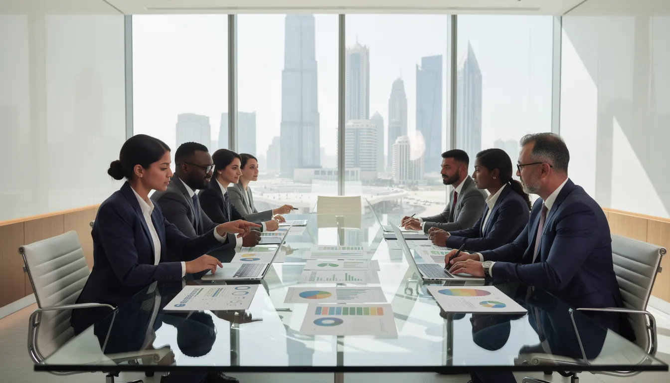 Business professionals discussing ESG reports in a modern Dubai office