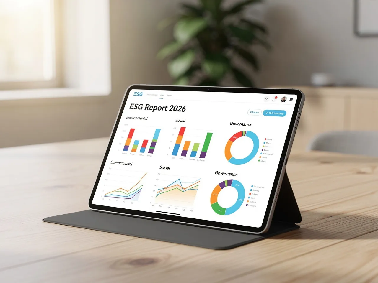 Tablet displaying an ESG report with data visualization