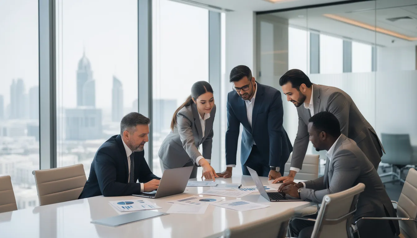 Professional team conducting an ISO audit in a modern Dubai office