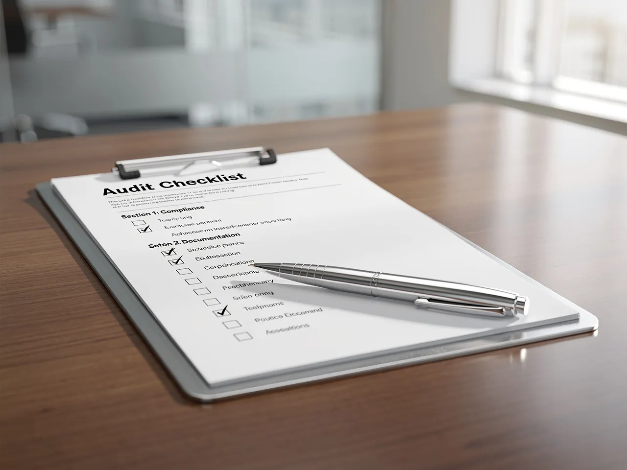 Close-up of audit checklist and pen in a professional setting