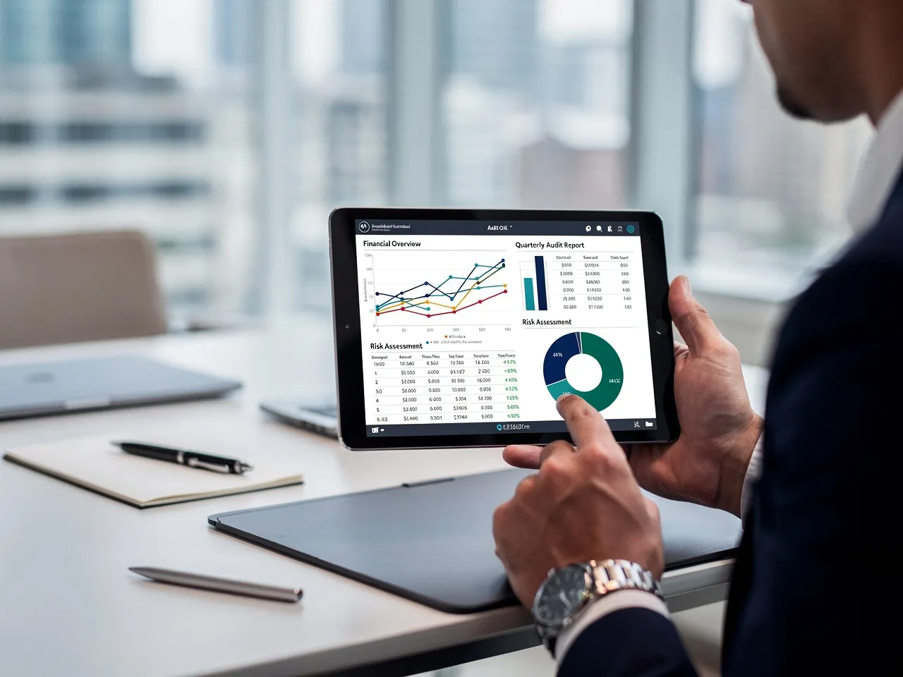 Digital tablet displaying financial data during an audit.