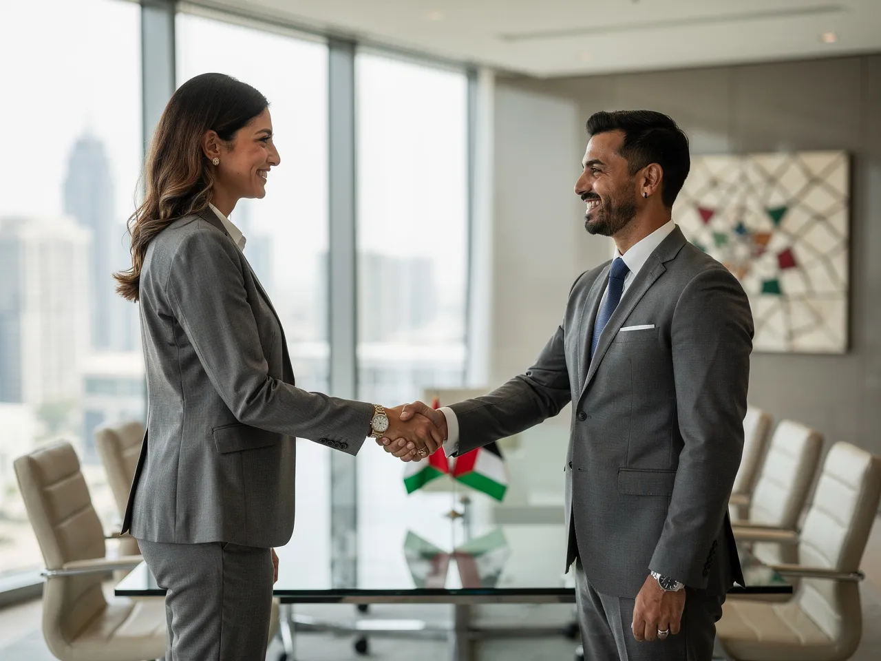 Business professionals in the UAE sealing a deal, representing trust.