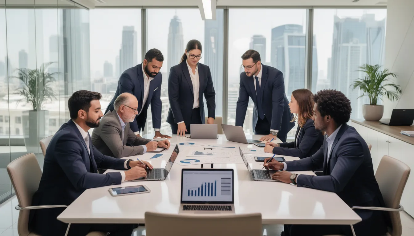 Team of professionals conducting an external audit in a modern Dubai office.
