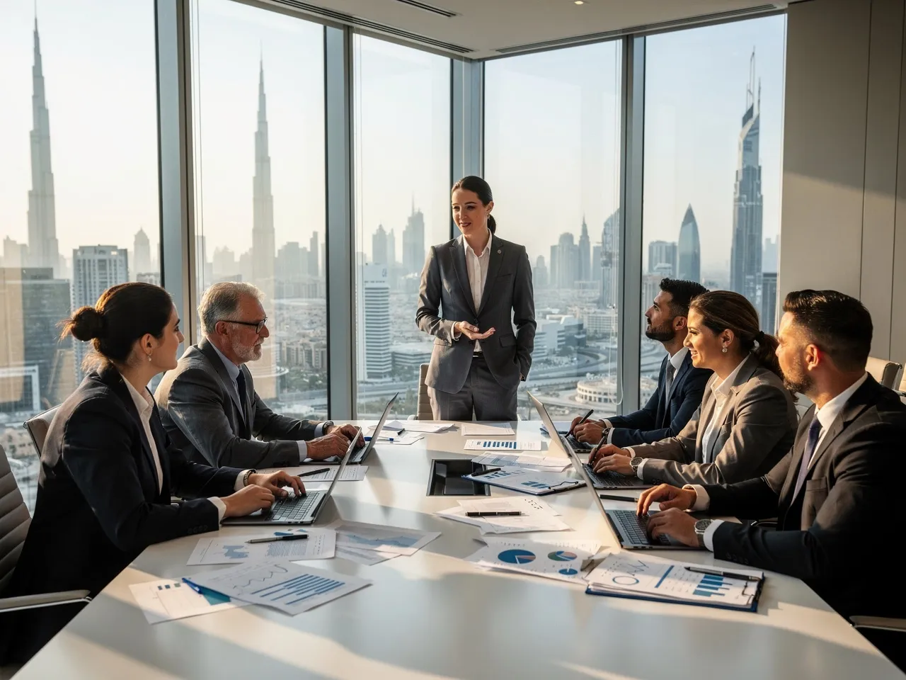 Internal audit team collaborating with a Q Systems API & Sustainability Consulting FZE executive in Dubai.